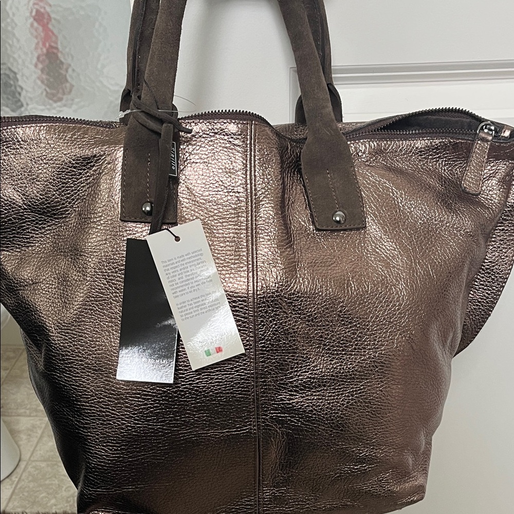 Metallic Brown Leather Tote Bag